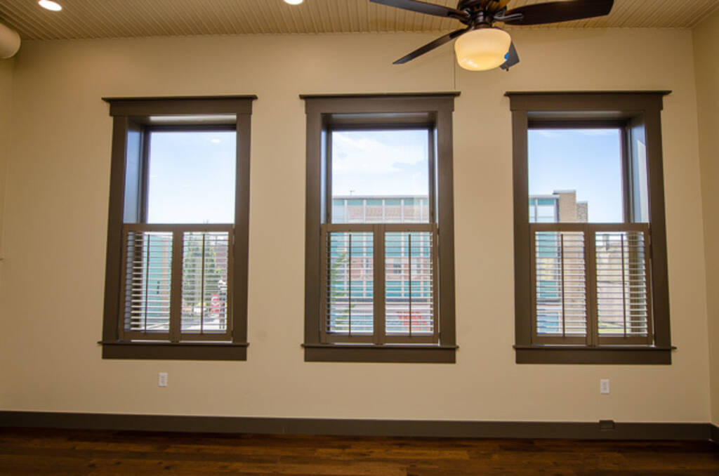 Loft 2D three windows with half shutters in living room 