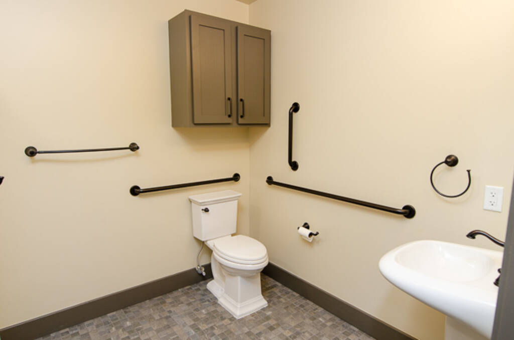 LOFT 2E ADA ACCESSIBLE BATHROOM WITH WHITE TOILET, SINK, AND GREY WALL CABINET